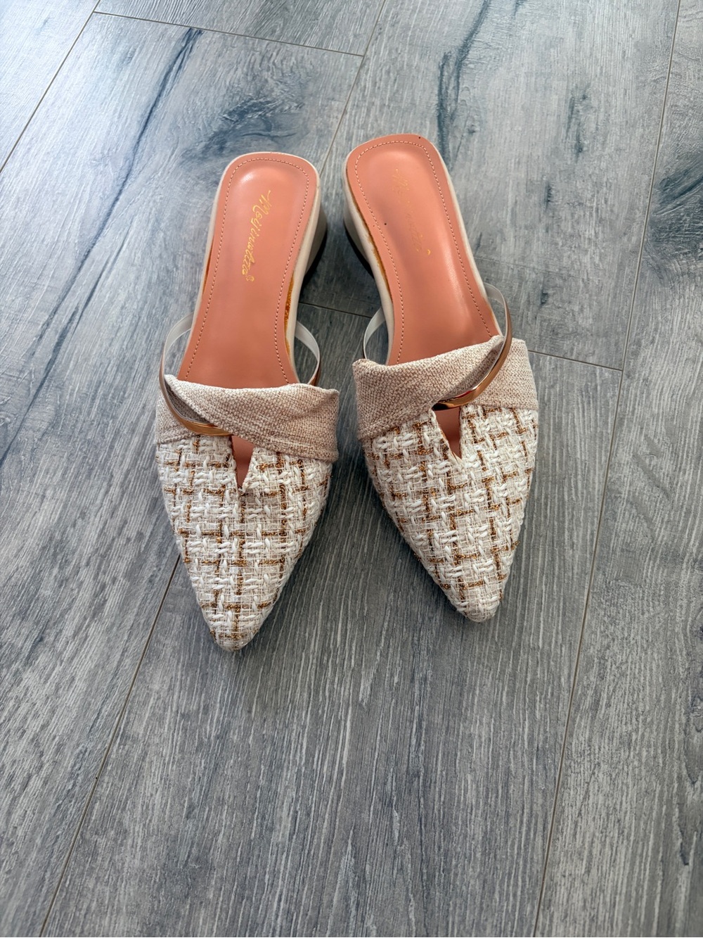 Woven Pointed-Toe Slip-On Mules in Beige